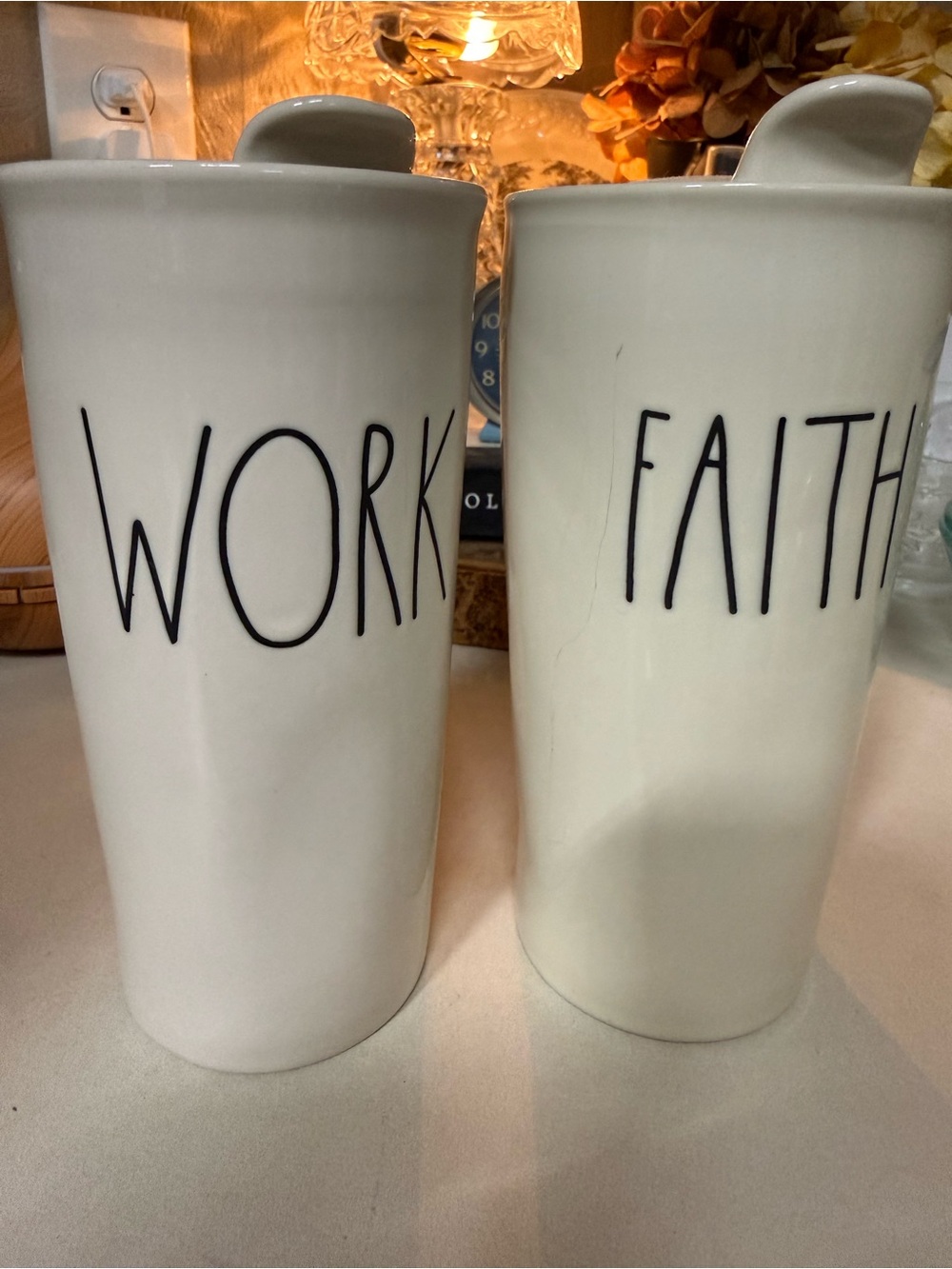 Rae Dunn White Ceramic Travel Mugs with Black Lettering - WORK & FAITH